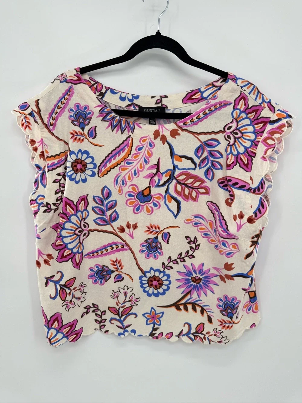Ellen Tracy Mixed Botanical Floral Linen Blend Scalloped Boxy Top Large coastal - Picture 2 of 8